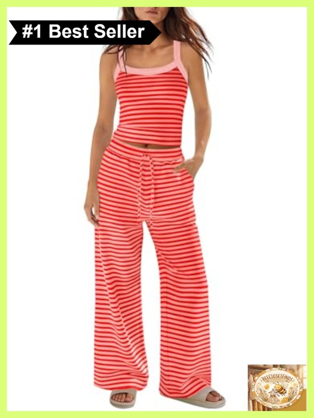 Womens Striped Two Piece Set Sleeveless Tank Wide Leg Lounge Pants